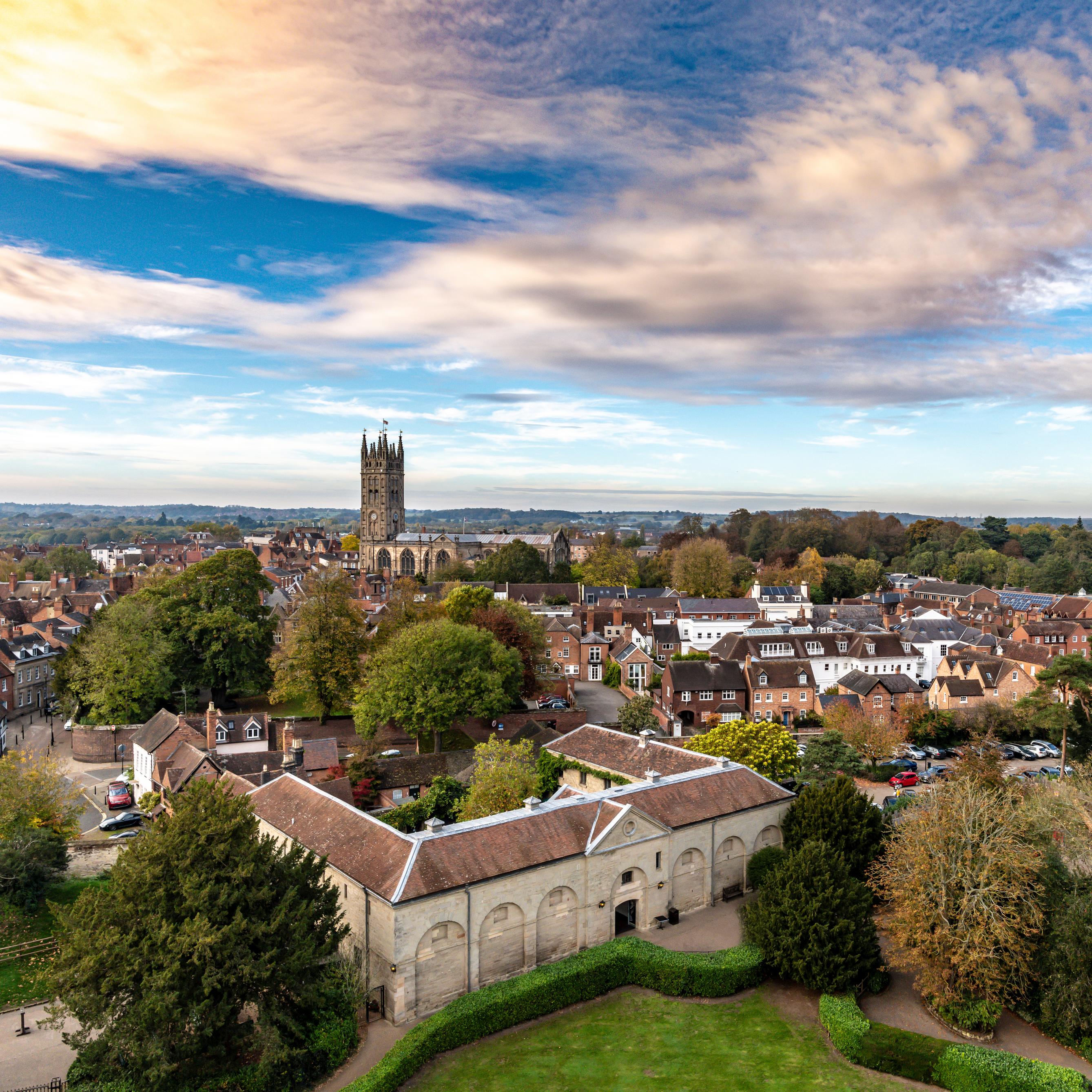 Aerial View over the town of Warwick with church