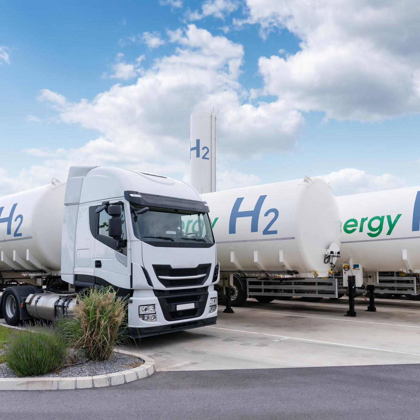 Truck with hydrogen tank trailers. Hydrogen transportation concept